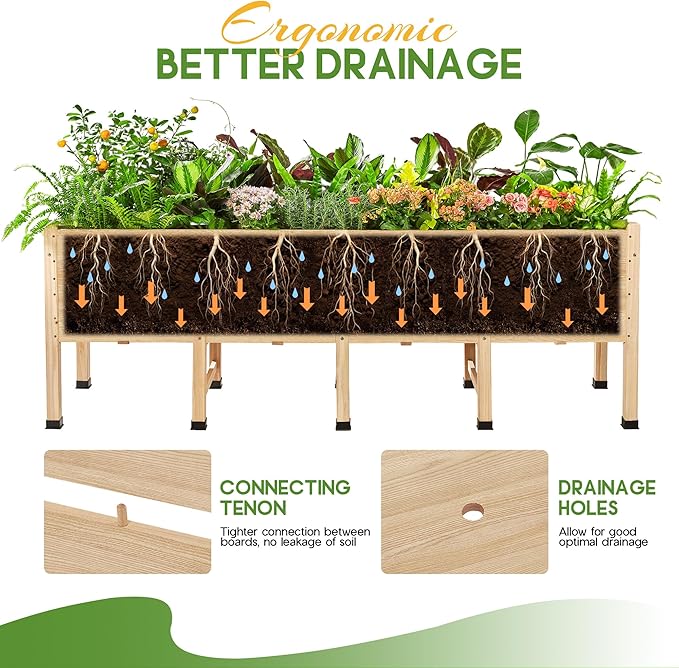AMERLIFE 7x2 Ft Raised Garden Bed, 16 Inch Depth Featuring Legs, Drainage Holes, Ideal for Deep Rooted Vegetables, Flowers, Herbs, Elevated Wood Planter Box for Balcony, Patio, Backyard, Easy Assembly AMERLIFE