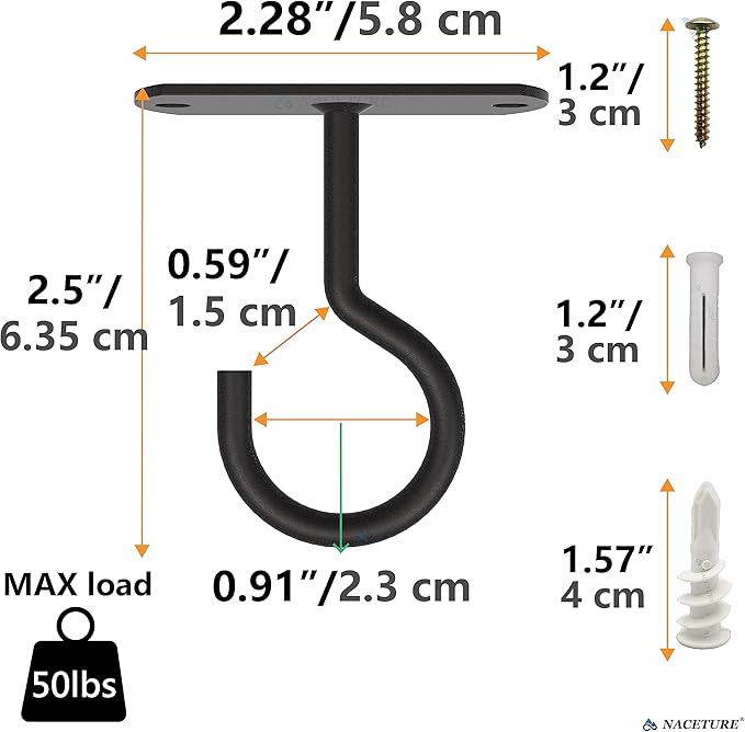 NACETURE Ceiling Hooks Heavy Duty 2 Pack - Plant Hooks for Ceiling Hanging Hook for Hanging Basket Hook, Light, Bird Feeders, Wind Chimes Décor Indoor & Outdoor (Black, 2.5 Inch 4 Pack) NACETURE