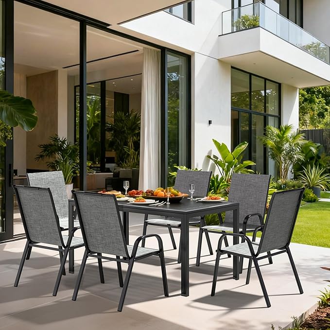 Pamapic Outdoor Dining Sets for 6, Rectangular Steel Slat Table with 6 Textilene Chairs, 7 Piece Patio Table and Chairs Set with Umbrella Hole for Patio, Garden, Backyard and Poolside (Grey) Pamapic