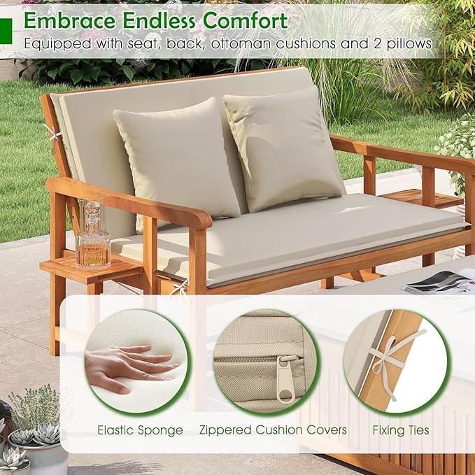 Tangkula Outdoor Acacia Wood Daybed with Storage Ottoman, Wood Patio Loveseat Sofa with 4-Level Backrest & Removable Cushions, 2 Folding Side Tables, Patio Recliner Lounger for Poolside, Backyard TANGKULA