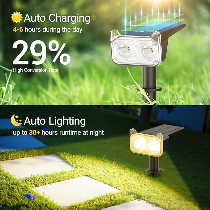 WdtPro Solar Lights Outdoor Waterproof, Solar Spot Lights Outdoor with Optical Lens, Auto ON/Off, 30H+ Runtime, Landscape Spotlights for Flag Yard Path Garden Tree, Warm White 6 Pack WdtPro