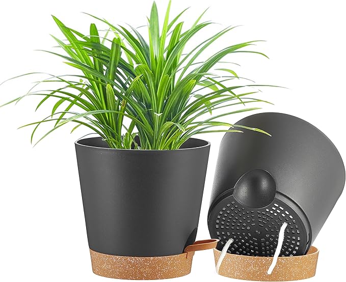 FaithLand 2-Pack 9 Inch Planter Pots for Indoor Outdoor Plants, Self Watering Flower Pots with Deep Reservoir, Black with Terracotta … FaithLand