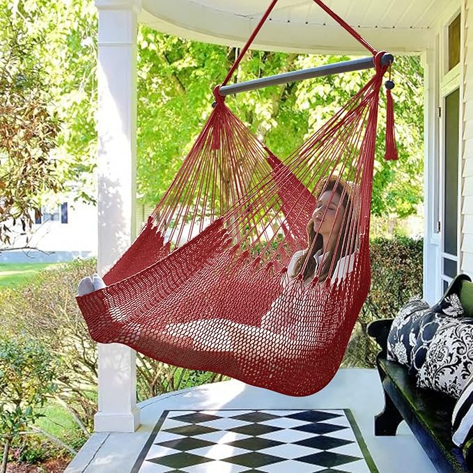 Bathonly Large Hammock Chair with Spreader Bar, Caribbean Hammock Swing Chair, XL Hammock Chair Outdoor Indoor, 330 LBS Weight Capacity, Red Bathonly