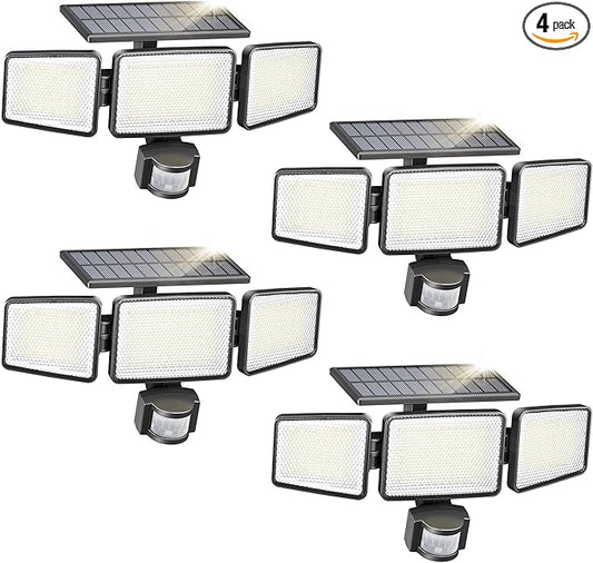 Philips Solar Security Light Outdoor 302 LED 1200lm，Solar-Powered Waterproof Wall-Mounted Flood Light w/PIR Motion Sensor, 3 Heads, IP65 Waterproof, 3 Modes (4 Packs) PhilipsLightingLED