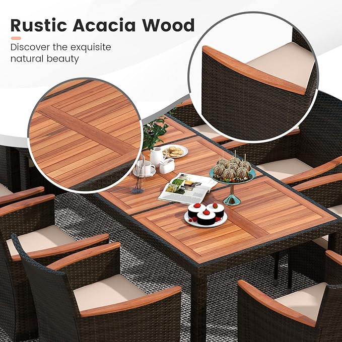 Tangkula 11 Pieces Rattan Outdoor Dining Set with 15Ft Solar Patio Umbrella for 8, Outdoor Wicker Table Set with 8 Cushioned Chairs, Acacia Wood Top, Outdoor Umbrella with Base Included TANGKULA