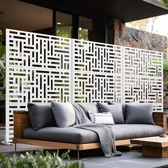 Casaphoria Metal Privacy Screen Outdoor, 72" H x 47" W Freestanding Decorative Privacy Screen for Patio Deck Balcony Garden with Stable Base, White-Helen Casaphoria