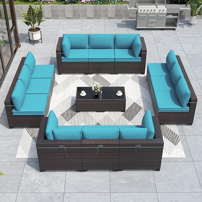 ALAULM Patio Furniture Set with Coffee Table, 14 Pieces Outdoor Sectional with Wide Seat and Thick Cushion, All Weather Wicker Rattan Conversation Set for Backyard, Garden, Deck, Turquoise ALAULM