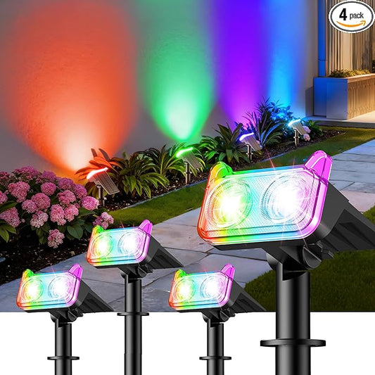 WdtPro Solar Color Changing Spot Lights, 8 Lighting Modes Solar Lights Outdoor Waterproof, Multicolor RGB Outdoor Lights, 7 Colors Auto Cycling Landscape Spolights for Yard Garden Decoration, 4 Pack WdtPro