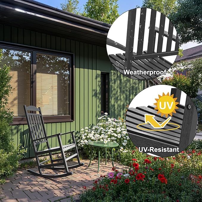 Patio Rocking Chair Outdoor Set of 1,Weather Resistant Poly Resin Oversized Porch Rocker,High Back Smooth Design,350lb Weight Capacity,Indoor Outdoor Use GYMHILL
