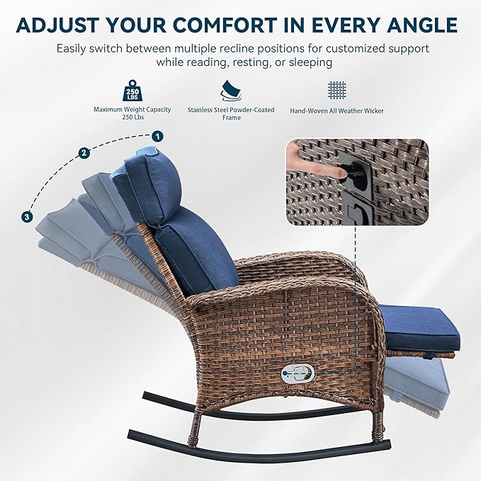 3 Pieces Zero Gravity Wicker Patio Rocking Recliner Chairs Set of 2 - Wicker Outdoor Lounge Chair with Side Table, Adjustable Backrest & Footrest, High Back Outdoor Recliner Chair for Pool Deck Blue JelwalyPatioFurnitureSet