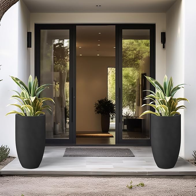 Kante 24 Inch Tall Round Concrete Planter, Large Indoor Outdoor Plant Pots with Drainage Hole and Rubber Plug, Modern Decorative Garden Pots for Home Patio Porch, Black Kante