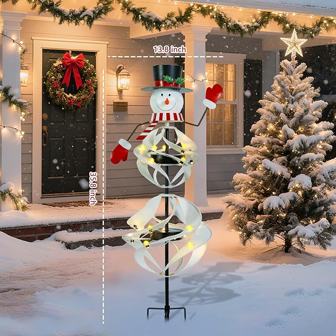 Outdoor Christmas Decorations Snowman Solar Wind Spinner Lighted Christmas Yard Stakes Outdoor Xmas Metal Wind Spinner Stake for Garden Lawn Pathway Party Decoration Afirst
