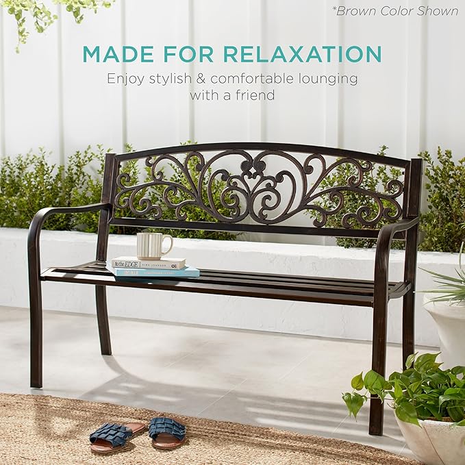 Best Choice Products Outdoor Bench Steel Garden Patio Porch Furniture for Lawn, Park, Deck w/Floral Design Backrest, Slatted Seat - Red BestChoiceProducts