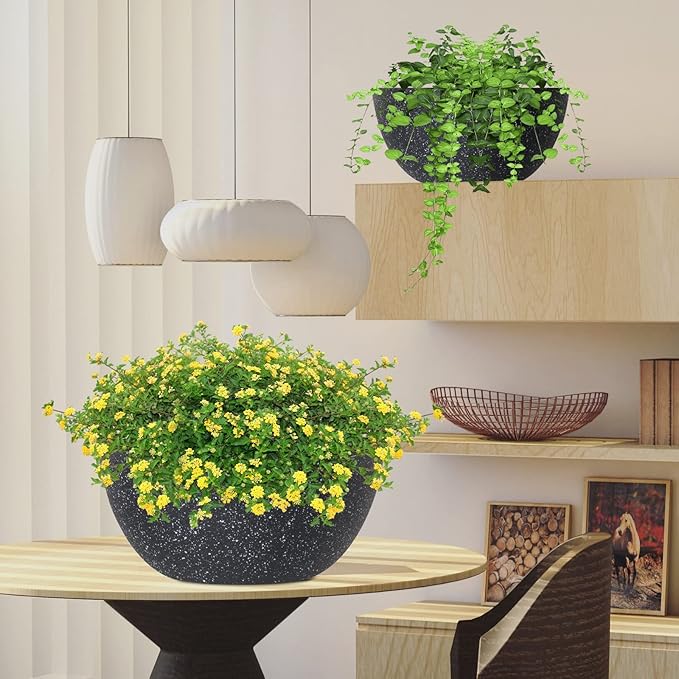 WOUSIWER 13 inch 2Pack Large Hanging Planters for Outdoor Indoor Plants with Drainage Holes and Chain, Round Hanging Flower Pots for Garden Home Porch Decor, Black Speckles WOUSIWER
