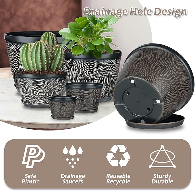 Quarut 4 Pack 8 Inch Flower Pots for Outdoor Indoor, Plastic Plant Pots with Drainage Hole & Saucer, Lightweight Small Flower Pot, Circle Pattern Planters for Garden House planters（Brown） Quarut