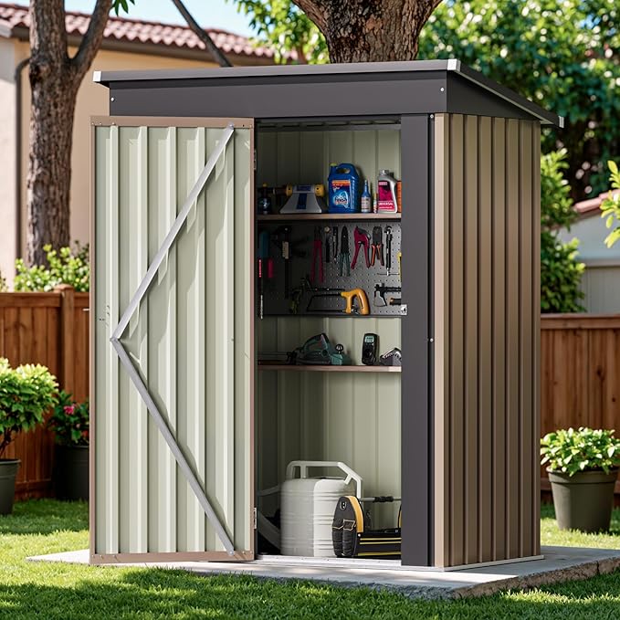 Devoko Outdoor Storage Shed 5 x 3 FT Lockable Metal Garden Shed Steel Anti-Corrosion Storage House with Single Lockable Door for Backyard Outdoor Patio (Brown) DEVOKO