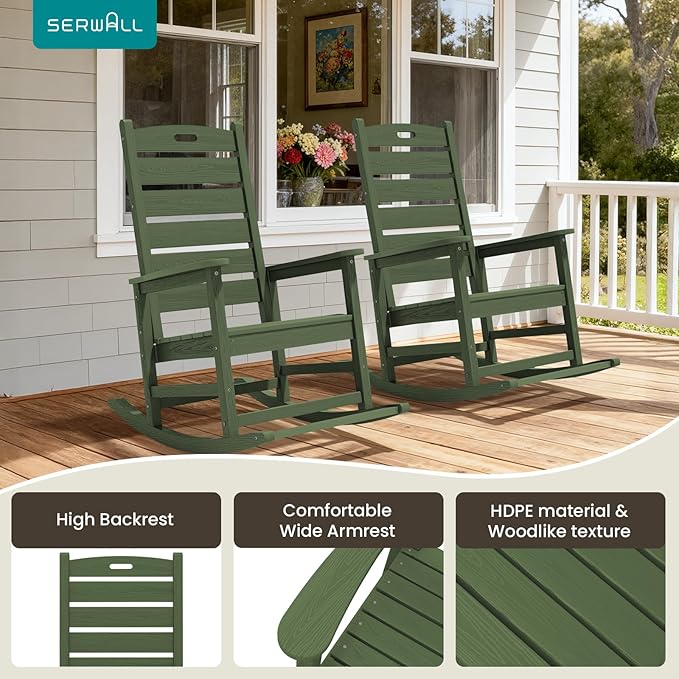 SERWALL Outdoor Rocking Chair Set of 4, Oversized HDPE Patio Rocking Chair with Footrest for Adults, All Weather Porch Rocker for Deck Patio Balcony, Avocado Green SERWALL