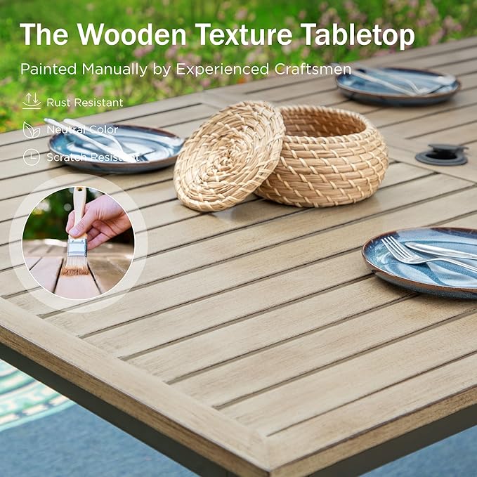 PHI VILLA 64" Rectangle Outdoor Dining Table, Patio Furniture Wood-Like Tabletop with Umbrella Hole for Patio Lawn Backyard Garden, Brown PHIVILLAThepioneerofcomfortablehouseholdsupplies