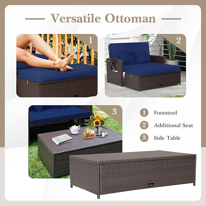 Tangkula Patio Rattan Daybed with 4-Level Adjustable Backrest, Outdoor PE Wicker Loveseat with Storage Ottoman & Folding Side Tray, Double Sunbed Lounger for Balcony, Backyard & Poolside, Navy & Brown TANGKULA
