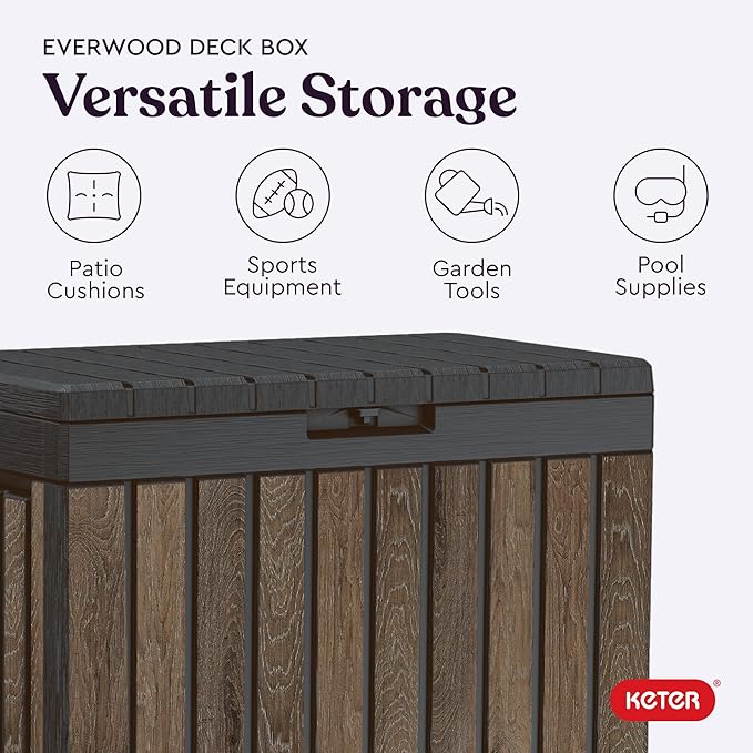 Keter Signature Everwood 50 Gallon Resin Deck Box for Outdoor Storage – Weather‑Resistant Balcony & Patio Box for Cushions, Throw Pillows & Garden Tools, Walnut Keter