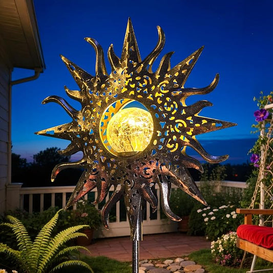 HOMEIMPRO Large Sun Solar Garden Decor Lights Outdoor Garden Gifts Mom Dad, Crackle Glass Metal Stake Backyard Decor, Waterproof LED Lights for Lawn Patio Ornaments, Mothers Day Gifts for Women Homeimpro