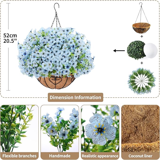 Artificial Hanging Flower for Outdoors, Fake Hanging Basket for Outside,1 Hanging Basket with 13 Pcs Faux Silk Flowers for Porch, Balcony and Patio Decor(Blue) LetuoClipsClipsandHooks