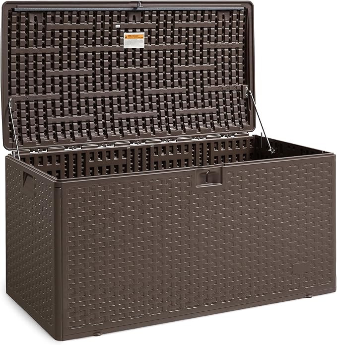Amazon Basics Outdoor Storage Deck Box, Lockable, Weather-Resistant, 99 Gallon, Brown, for Patio Cushions, Gardening Tools, Pool Accessories AmazonBasics