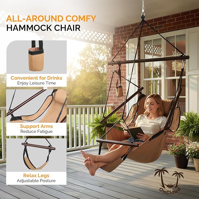 ONCLOUD Upgraded Unique Hammock Hanging Sky Chair, Air Deluxe Swing Seat with Rope (Tan) ONCLOUD