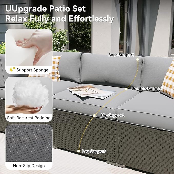 Aoxun Patio Furniture Set, 7 Piece Outdoor Sectional Sofas with Waterproof Cover, Wicker Rattan Outdoor Furniture Patio Conversation Set for Backyard, Garden Light Grey Aoxun