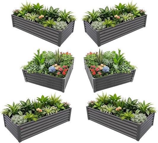 A ANLEOLIFE Set of 6, 18 Inch Tall Quartz Grey Raised Garden Beds Kit, Rectangular & Square Metal Planters for Structured Garden Layouts AAnleolife