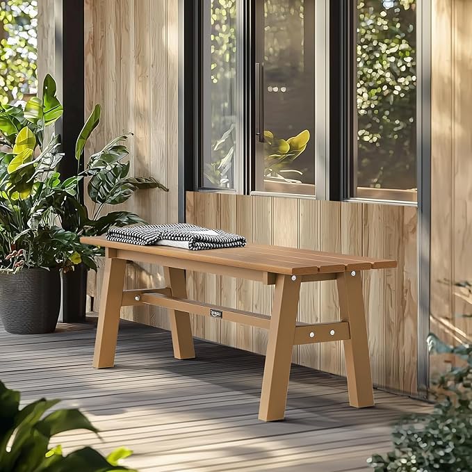 VINGLI 47” Outdoor Bench Garden Bench HDPE Porch Bench w/Metal Legs, Poly Lumber Patio Bench, 660 LBS Capacity Outdoor Backless Bench(Teak) VINGLI