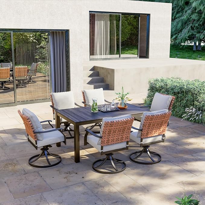 Grand patio 7-Piece Outdoor Dining Set, 6 Leather-Look Wicker Swivel Patio Chairs & 1 Rectangular Faux Woodgrain Dining Table, Dark Brown GrandPatio