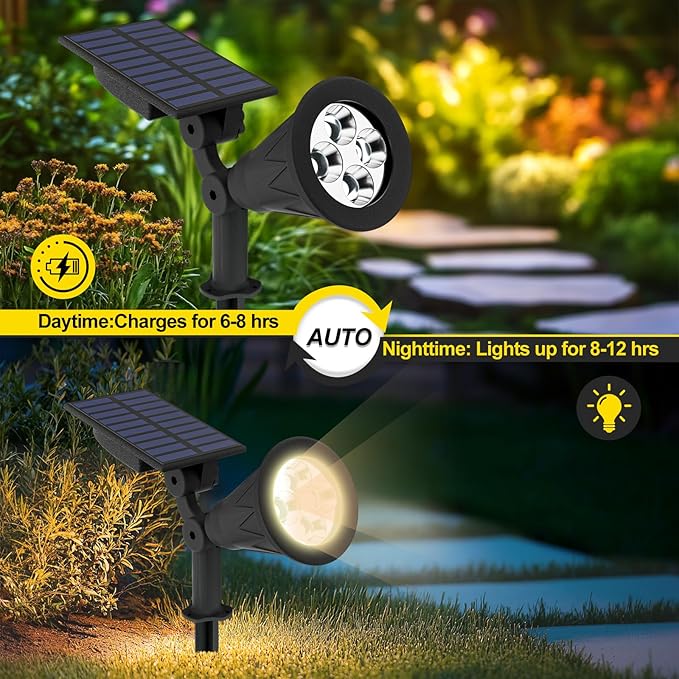 T-SUN Solar Spotlights, Christmas Solar Lights Outdoor, Auto-ON/Off 180°Angle Adjustable Solar Lights for Tree, Patio, Yard, Garden, Driveway, Pool Area (Natural White-2Pack) T-SUN