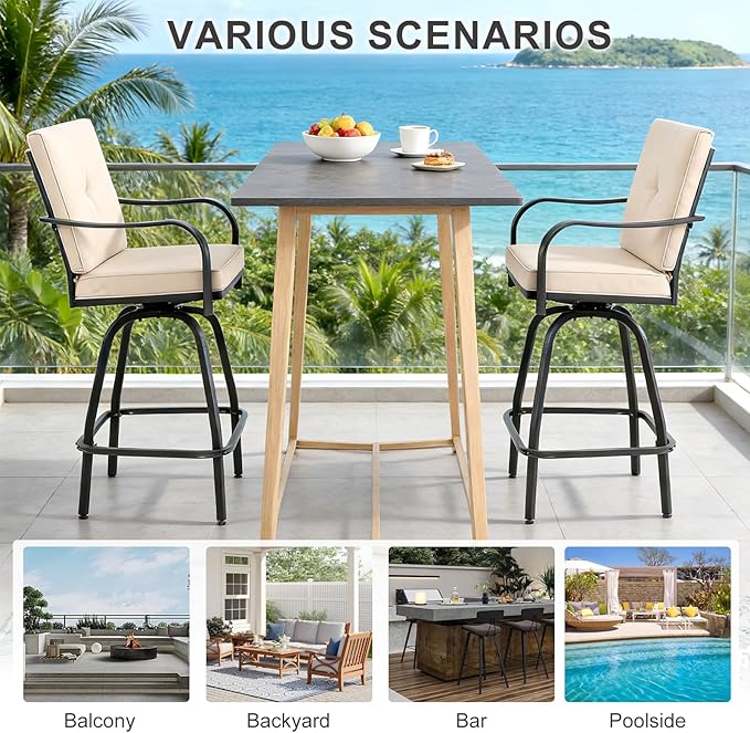Patio Swivel Bar Stools Set of 6, Outdoor Bar Height Swivel Chairs with Cushions for Garden Balcony Backyard, Beige STRPRETTYBASIC