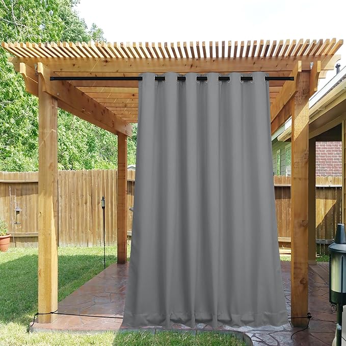 NICETOWN 2 Panels Outdoor Curtains for Patio Waterproof & Windproof, Grommet & Back Tab on Top & Bottom Weighted Drapes Keep Sun/Rain Out with Bouns Rope for Deck, Light Grey, W84 x L95 NICETOWN