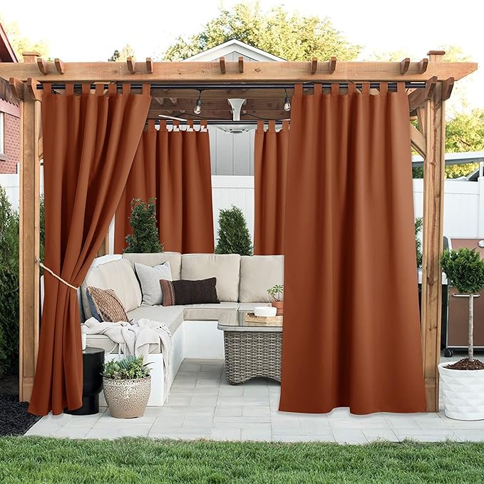 NICETOWN 2 Pieces Outdoor Curtainss for Pergola Waterproof, Self-Sticky Tab Top Blackout Indoor Outdoor Public Dividers Vertical Drapes Windproof Keep Privacy for Gazebo, Mecca Red, W52 x L95 inch NICETOWN