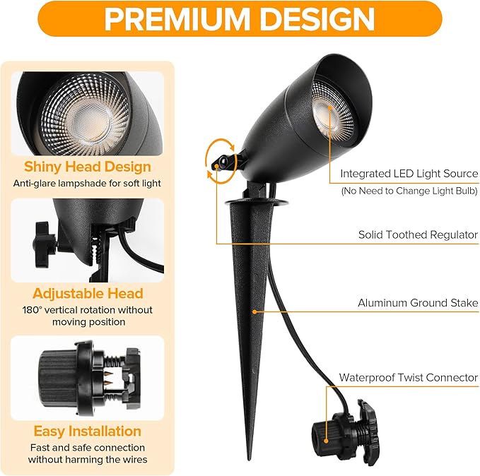 LUTEC 12V Low Voltage Landscape Lighting, Die-cast Aluminum Spot Lights with Connectors, IP65 Waterproof Outdoor Landscape Spotlights, 5W 550LM Warm White 3000K for Tree Garden Yard Pathway, 1 Pack LUTEC