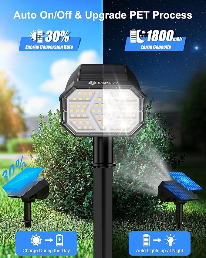 Brightown 4Pack Solar Spot Lights Outdoor with 58 LED & 1800mAh, IP67 Solar Lights Outdoor Waterproof with 3 Light Modes, 2-in-1 Dual Use Outdoor Solar Lights for Yard, Garden and Pathway (Cool White) Brightown
