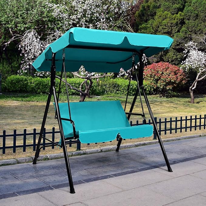 Tangkula 2 Person Porch Swing, Outdoor Swing with Removable Cushions, Solid Steel Structure, Patio Swing with Adjustable Canopy for Porch, Backyard, Garden, Balcony Turquoise TANGKULA