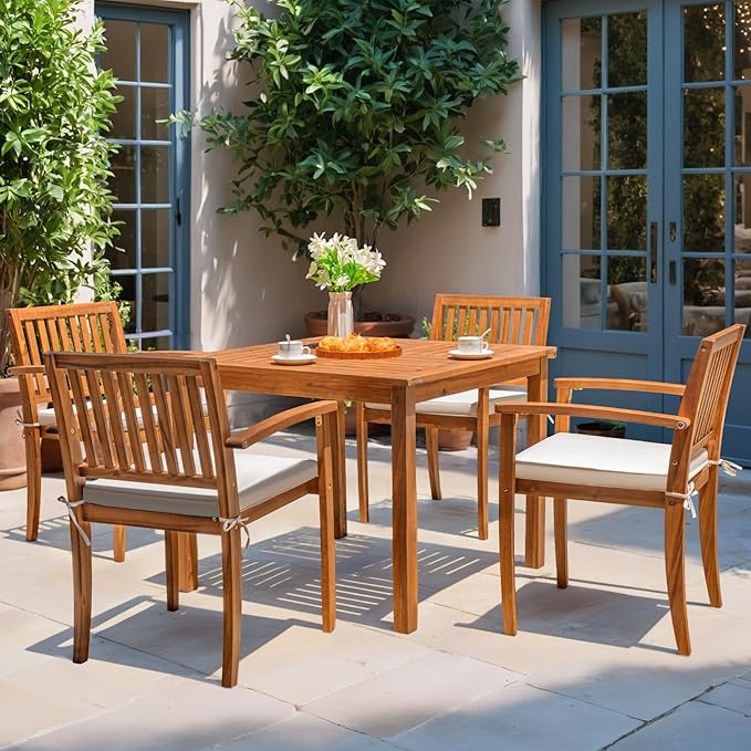 Flamaker 5 Piece Outdoor Dining Set Acacia Wood Patio Table and Chairs with Soft Cushions Patio Furniture for Deck, Backyard, Garden Flamaker