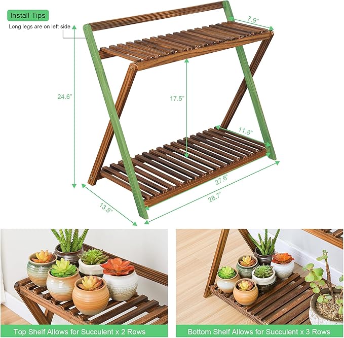 Indoor Plant Stand for Multiple Plants 2 Tier Wood Corner Plant Shelf Rack with Planter Hanger Outdoor Flower Pot Stand Holder for Yard Patio Garden Balcony Porch Living Room ( Rustic X-Cross) TOVACU