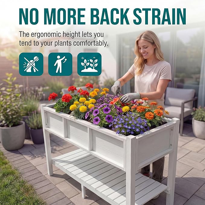 YITAHOME 48x18x30in Raised Garden Bed HDPE, Weather-Resistant Poly Lumber Planter Box with Legs & Storage Shelf, Elevated Garden Bed for Yard, Garden, Balcony - White YITAHOME