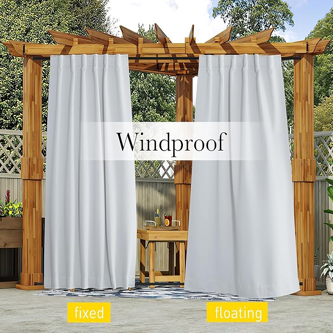 NICETOWN 2 Panels Outdoor Curtains Waterproof Pocket & Back Tab on Top & Bottom, Thermal Insulated Windproof Sun Blocking Outside Privacy Drapes for Patio with Fixed Rope, W84 x L84, Greyish White NICETOWN