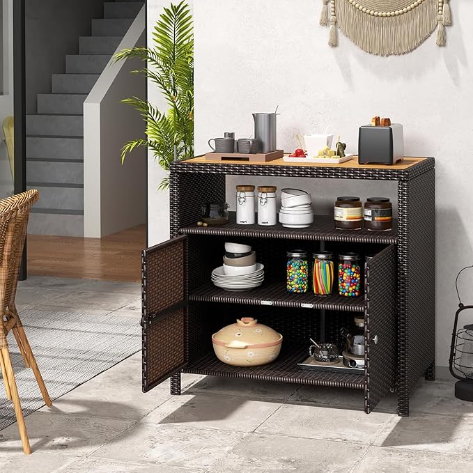 Tangkula Rattan Outdoor Storage Cabinet, Patiojoy Outdoor Cabinet with Acacia Wood Countertop, Open Compartment, 2-Door Wicker Sideboard, Outdoor Bar for Patio Garden Backyard Poolside (Mix Brown) TANGKULA
