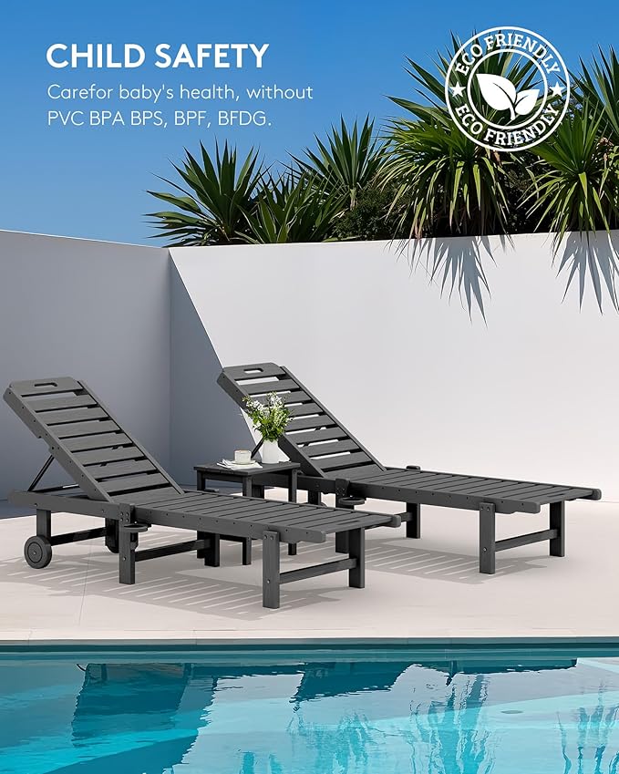 SERWALL Outdoor Chaise Lounge Set of 8, HDPE Pool Lounge Chairs with 5-Position Adjustable Backrest, Patio Loungers with Rolling Wheels & Cup Holder for Pool Sunbathing, Grey SERWALL