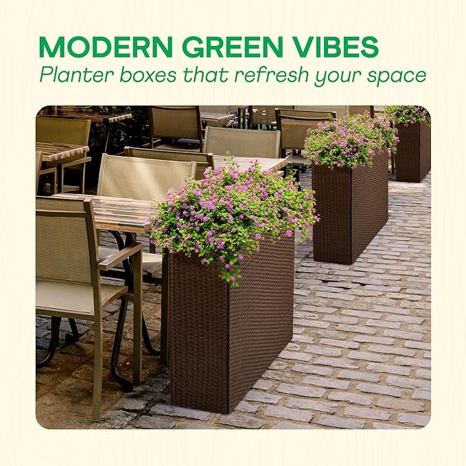 IDZO All Weather Wicker Planter Raised Garden Bed, 24 in Tall Round Rattan Flower Pots, Durable Self-Watering Indoor Outdoor Wicker Planters for Porch Patio Balcony Idzo