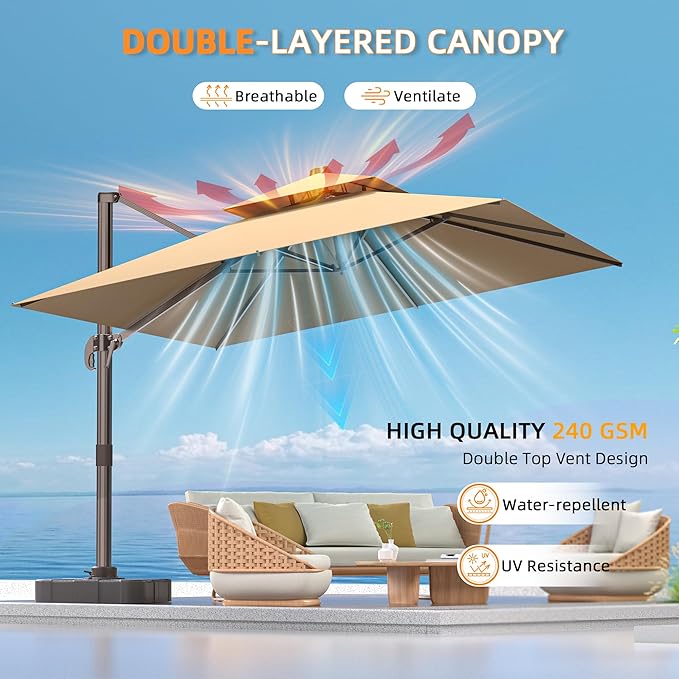 9' X 12' Cantilever Outdoor Patio Umbrellas with Base Included, Large Rectangle Umbrella Heavy Duty 360°Rotation Offset Umbrella for Garden Deck Pool Patio,Brown ORYNTREX