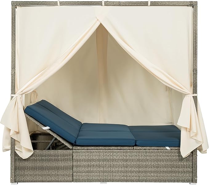Patio Chaise Lounge,PE Rattan Outdoor Patio Wicker Adjustable Outdoor Sun Bed with Four-sided Canopy and Comfortable Blue Cushion – Versatile Use for Patio, Garden, and Poolside HarperBrightDesigns