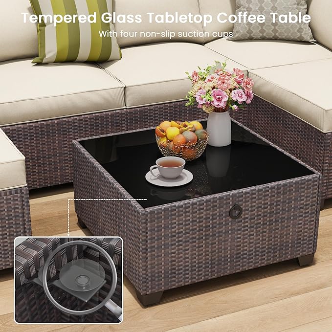 Outdoor Patio Furniture Set with 43'' Fire Pit Table, 8 Pcs Outdoor Patio Furniture Conversation Sets with 4in Thicken Cushion, Wicker Outdoor Sectional for Backyard, Garden, Balcony,Deck, Brown/Beige Olimix