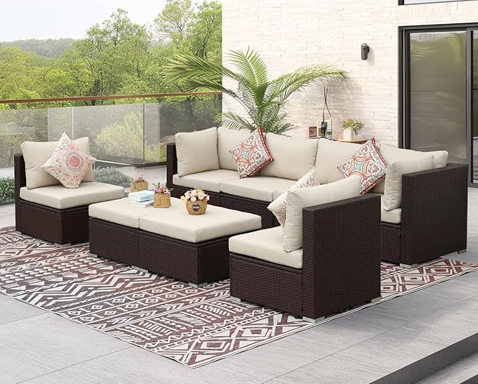 NICESOUL 8 Seat 29.3'' High Back Outdoor Furniture Set, Extra Large Rattan Patio Conversation Sets, Deep Seating Modular Sectional with Ottoman, Oversized Conversations for Backyard, Brown and Beige NICESOUL